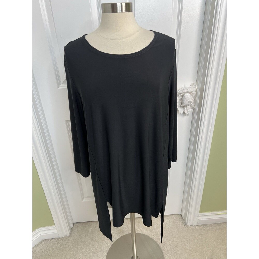 Sympli Black Tunic Top 3/4 Sleeves Travel Jersey Knit Minimalist Size 12